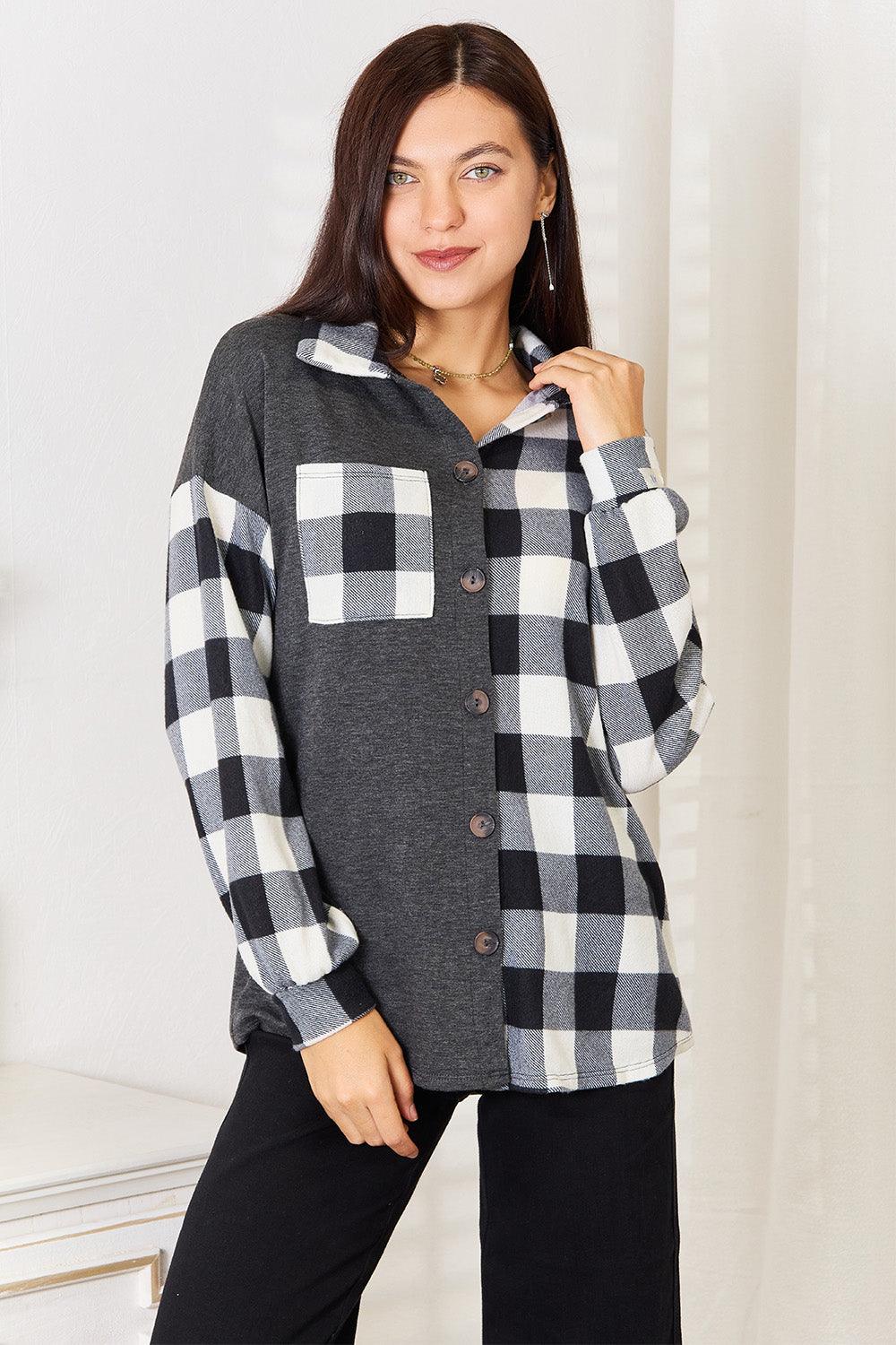 Heimish Solid Plaid Contrast Shacket - AMIClubwear