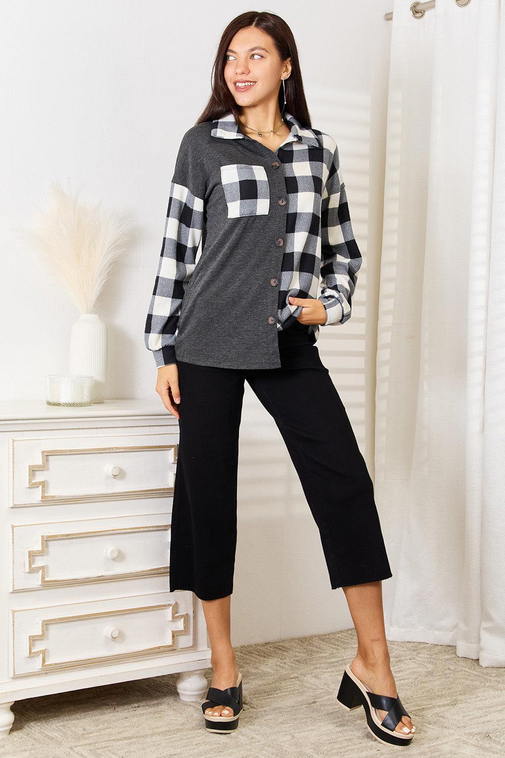 Heimish Solid Plaid Contrast Shacket - AMIClubwear