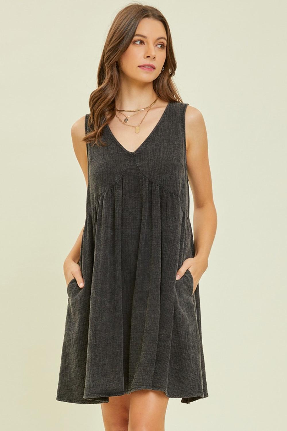 HEYSON Full Size Texture V-Neck Sleeveless Flare Mini Dress - AMIClubwear