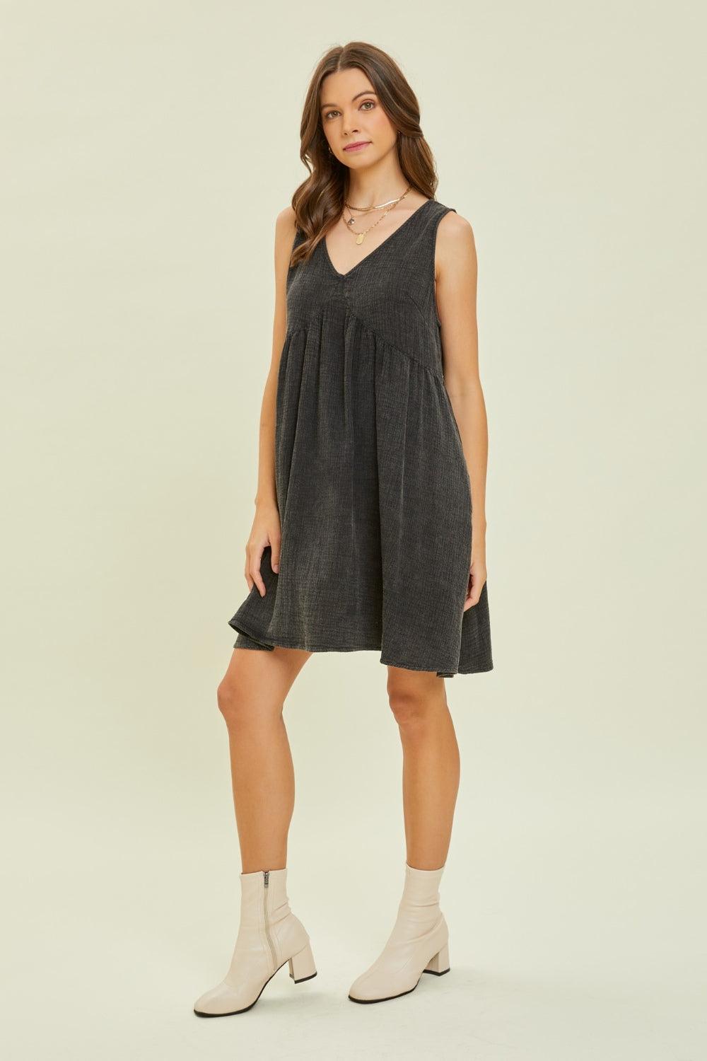 HEYSON Full Size Texture V-Neck Sleeveless Flare Mini Dress - AMIClubwear