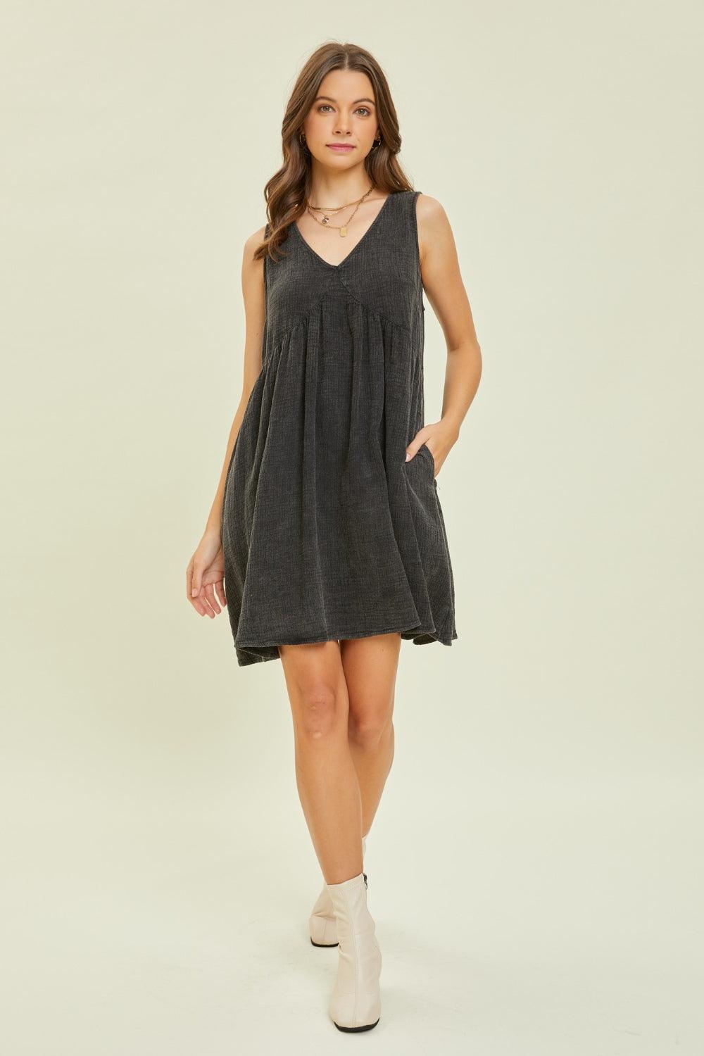 HEYSON Full Size Texture V-Neck Sleeveless Flare Mini Dress - AMIClubwear