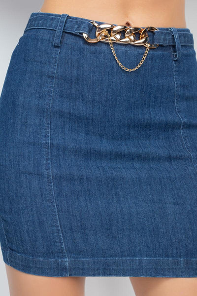 High-rise Belted Chain Denim Skirt - AMIClubwear