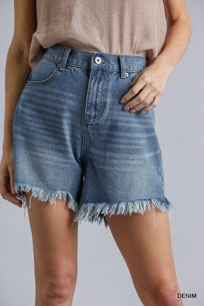 High Rise Denim Shorts With Raw Hem - AMIClubwear