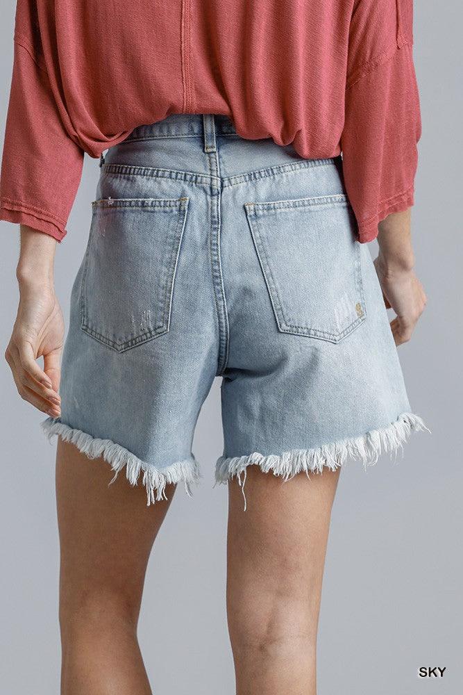 High Rise Denim Shorts With Raw Hem - AMIClubwear