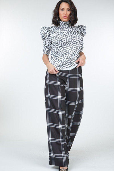 High Waist Plaid Print Wide Leg Pants - AMIClubwear