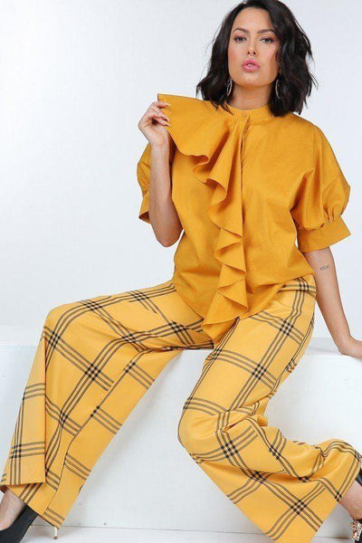 High Waist Plaid Print Wide Leg Pants - AMIClubwear