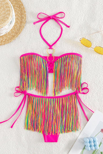 Hot Pink Multi Fringe Two Piece Cheeky Swimsuit - AMIClubwear