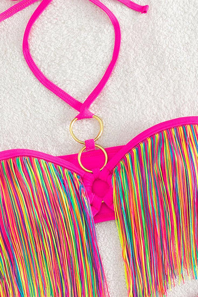 Hot Pink Multi Fringe Two Piece Cheeky Swimsuit - AMIClubwear