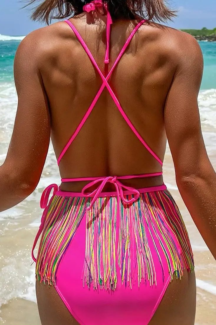 Hot Pink Multi Rainbow Fringe Plunging V Strappy 2Pc Swimsuit Set Monokini