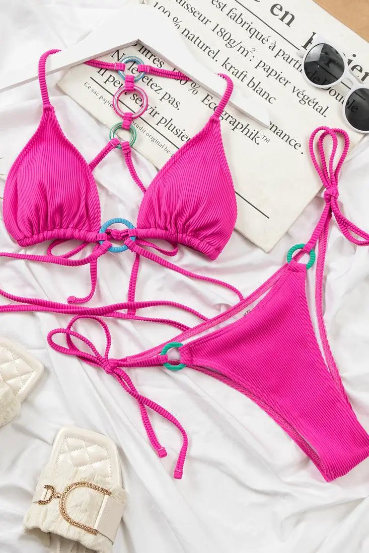 Hot Pink Multi Rings Strappy Cheeky Sexy 2 Pc Swimsuit Set Bikini