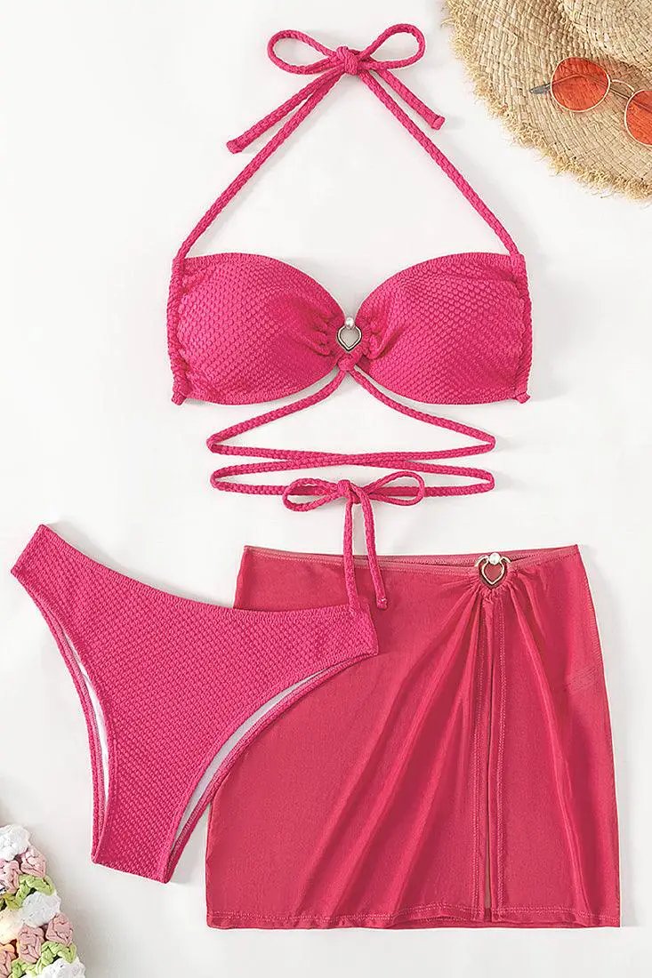 Hot Pink Pearl Heart Ring Bandeau Halter Cover-Up 3Pc Swimsuit Set