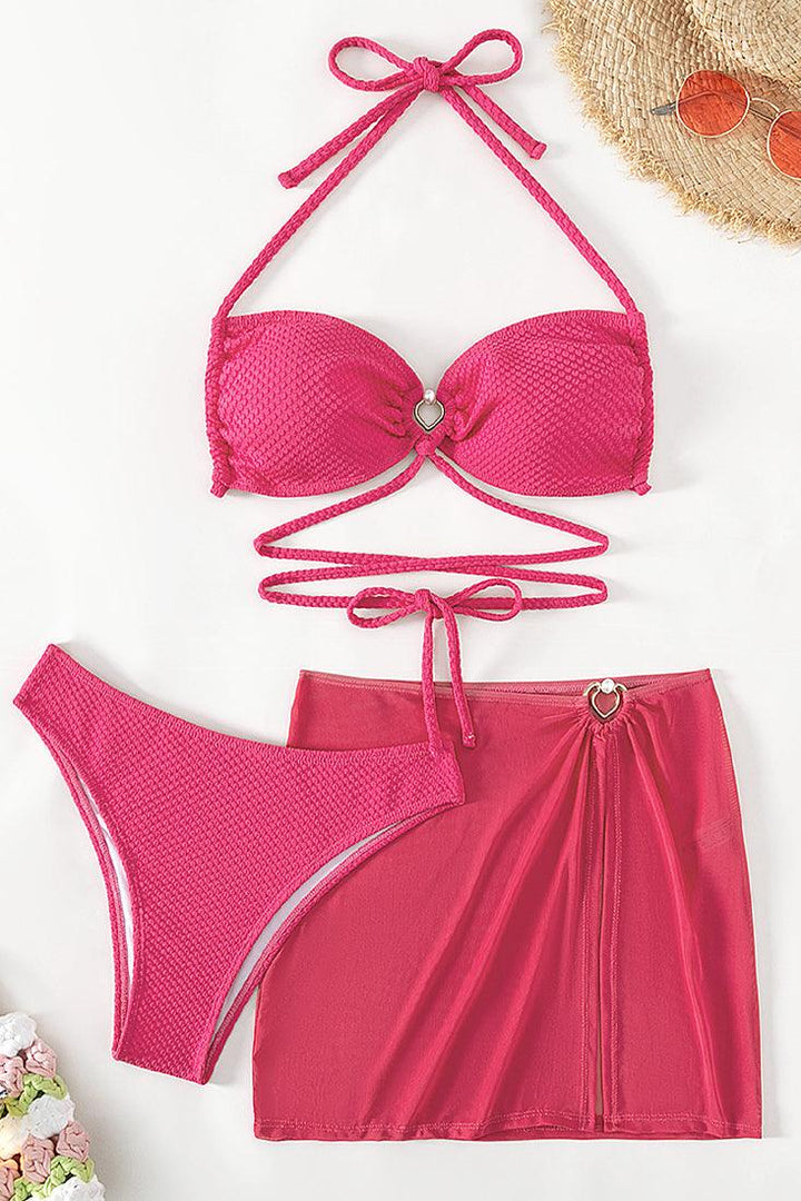 Hot Pink Pearl Heart Ring Bandeau Halter Cover-Up 3Pc