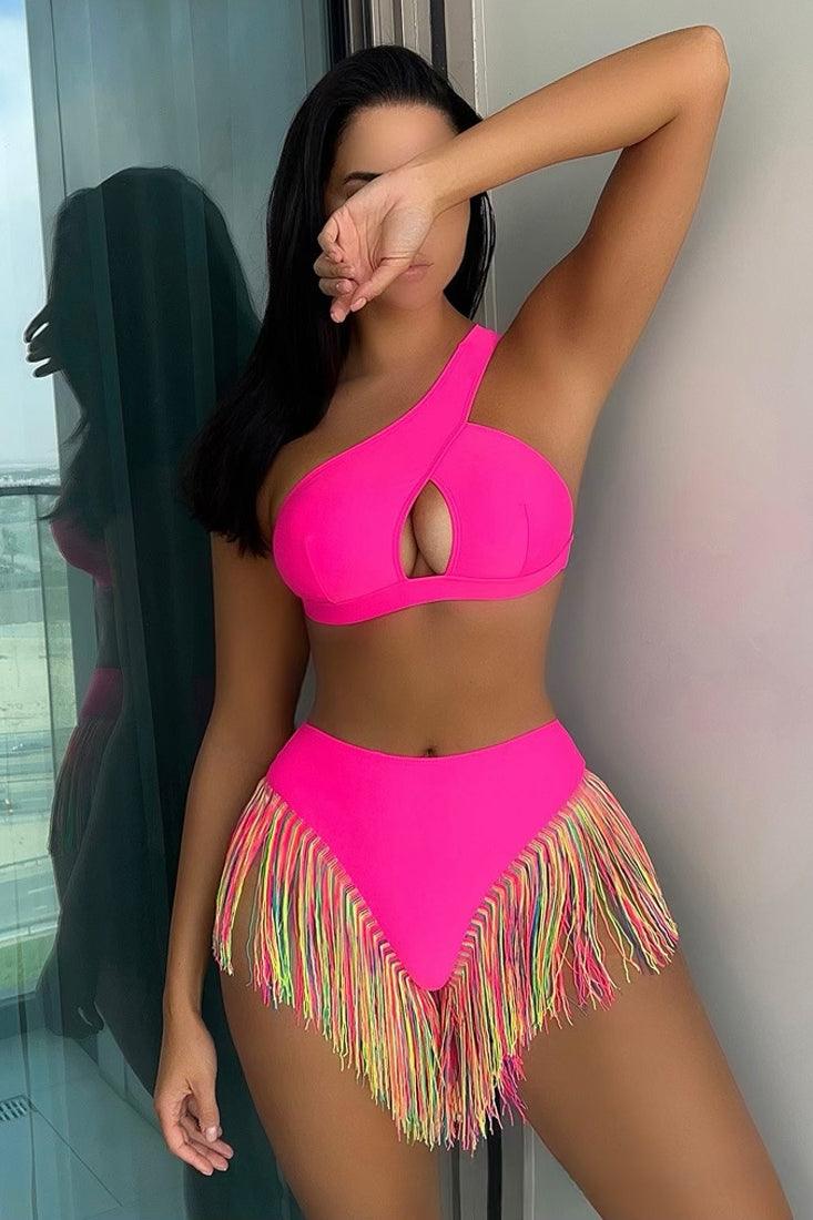 Hot Pink Rainbow Fringe One Shoulder High Waist Thong 2Pc Swimsuit Set - AMIClubwear