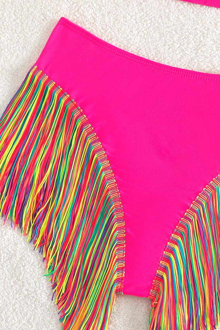 Hot Pink Rainbow Fringe One Shoulder High Waist Thong 2Pc Swimsuit Set - AMIClubwear