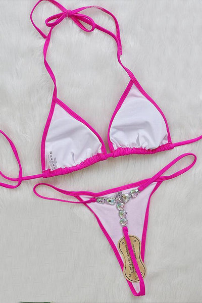 Hot Pink Rhinestone Accent Halter Sexy Thong Two Piece Swimsuit - AMIClubwear