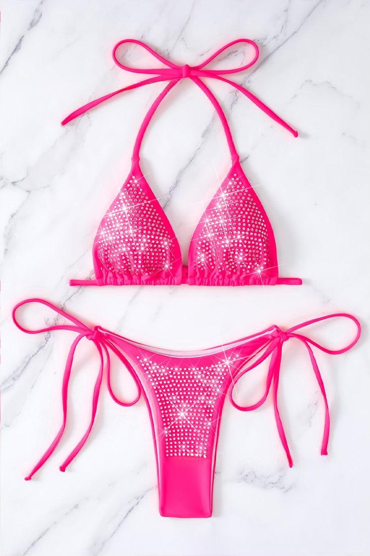 Hot Pink Rhinestone Covered Triangle Ultra Cheeky Sexy 2Pc Swimsuit Bikini - AMIClubwear