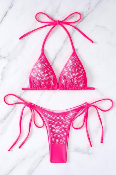 Hot Pink Rhinestone Covered Triangle Ultra Cheeky Sexy 2Pc Swimsuit Bikini - AMIClubwear