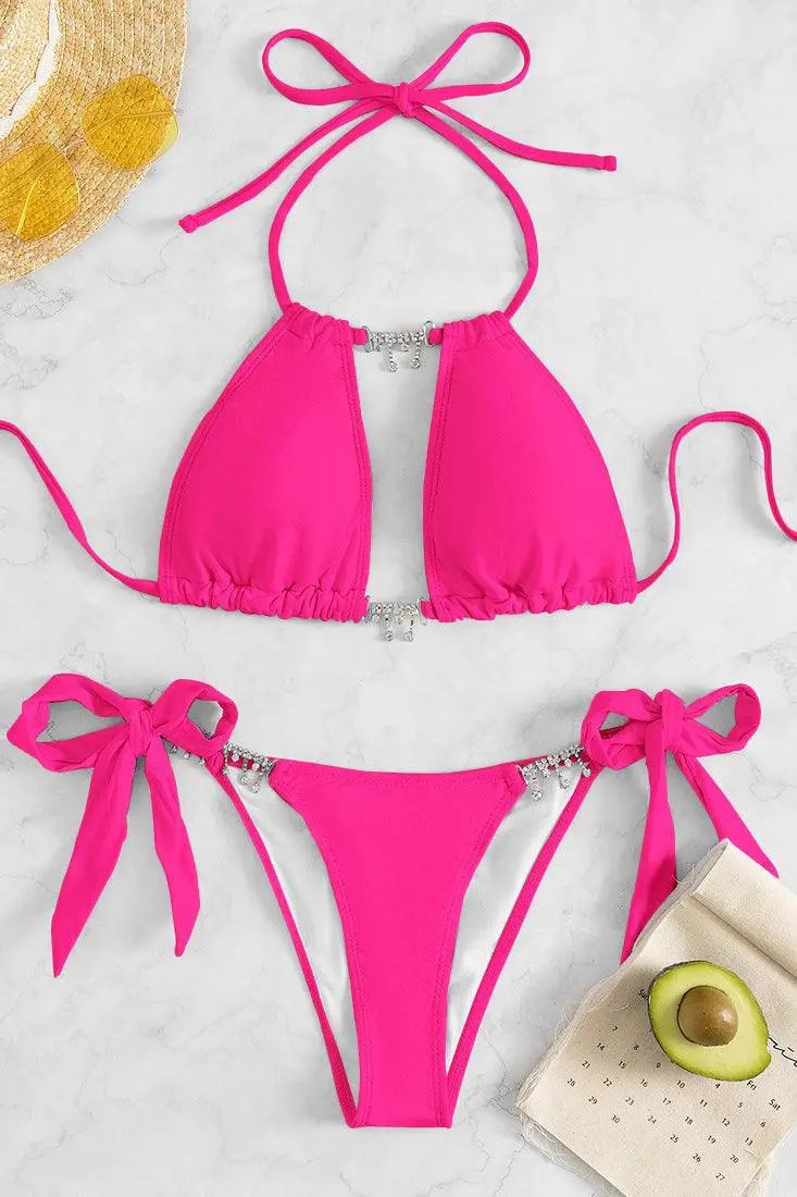 Hot Pink Rhinestone Cut-Out Cheeky 2Pc Bikini Swimsuit Set