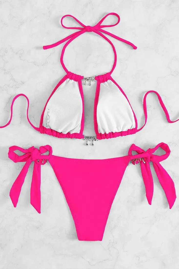 Hot Pink Rhinestone Cut-Out Cheeky 2Pc Bikini Swimsuit Set