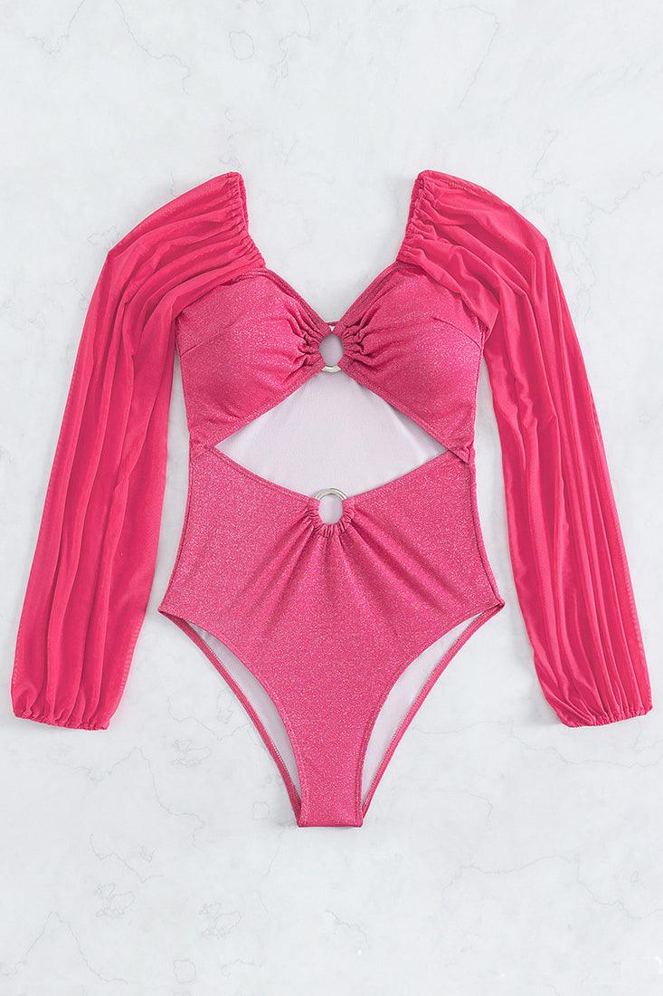 Hot Pink Shimmer O-Ring Mesh Long Sleeves Sexy 1Pc Swimsuit Monokini - AMIClubwear