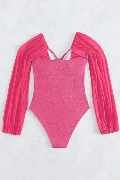 Hot Pink Shimmer O-Ring Mesh Long Sleeves Sexy 1Pc Swimsuit Monokini - AMIClubwear