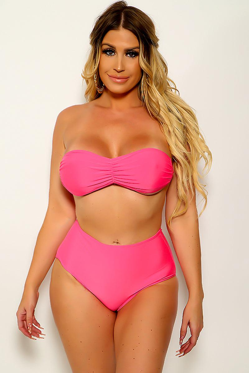 Hot Pink Strapless High Waist 2 Pc Sexy Swimsuit - AMIClubwear