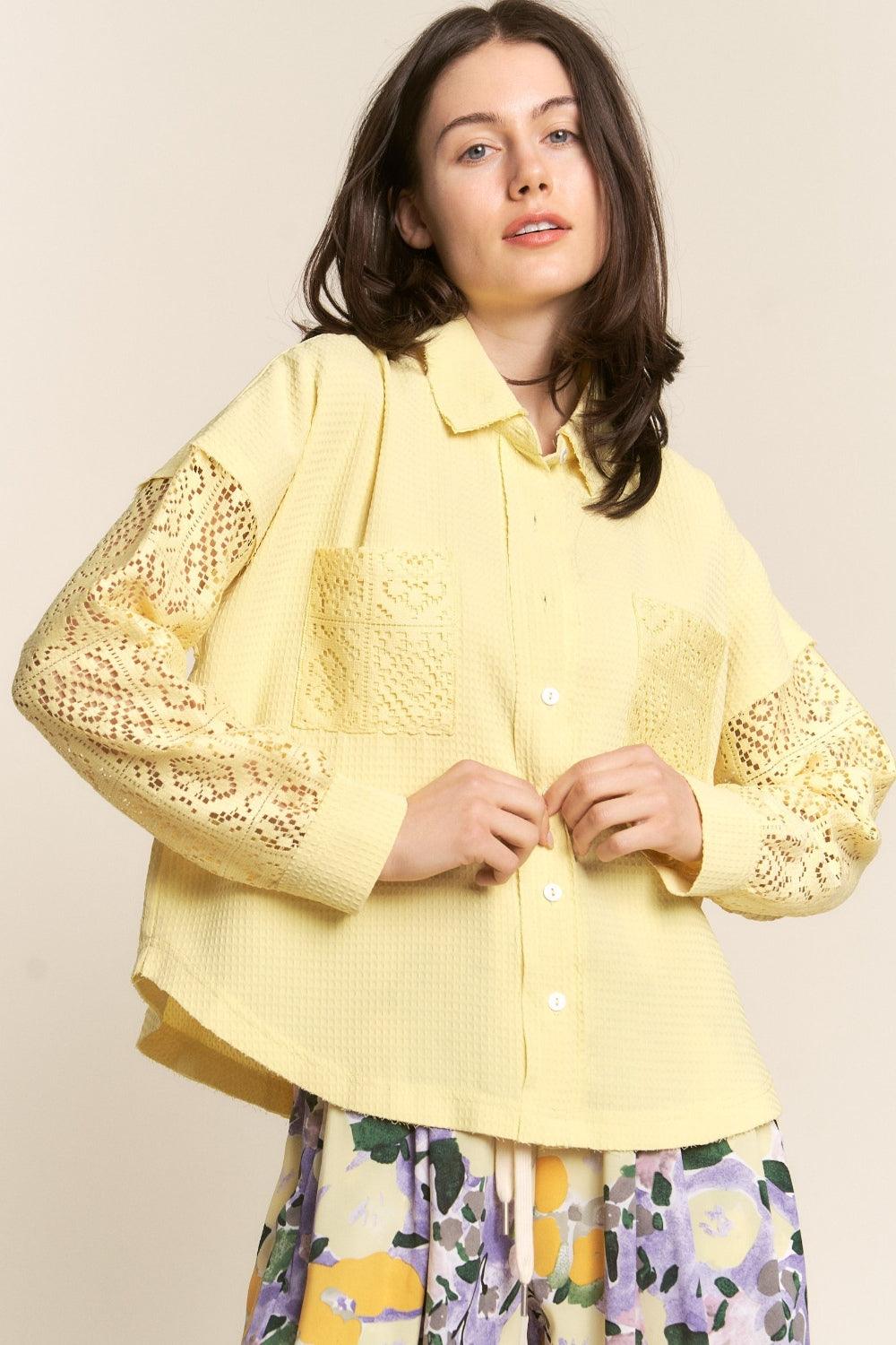 J.NNA Button Down Lace Long Sleeve Waffle Shirt - AMIClubwear