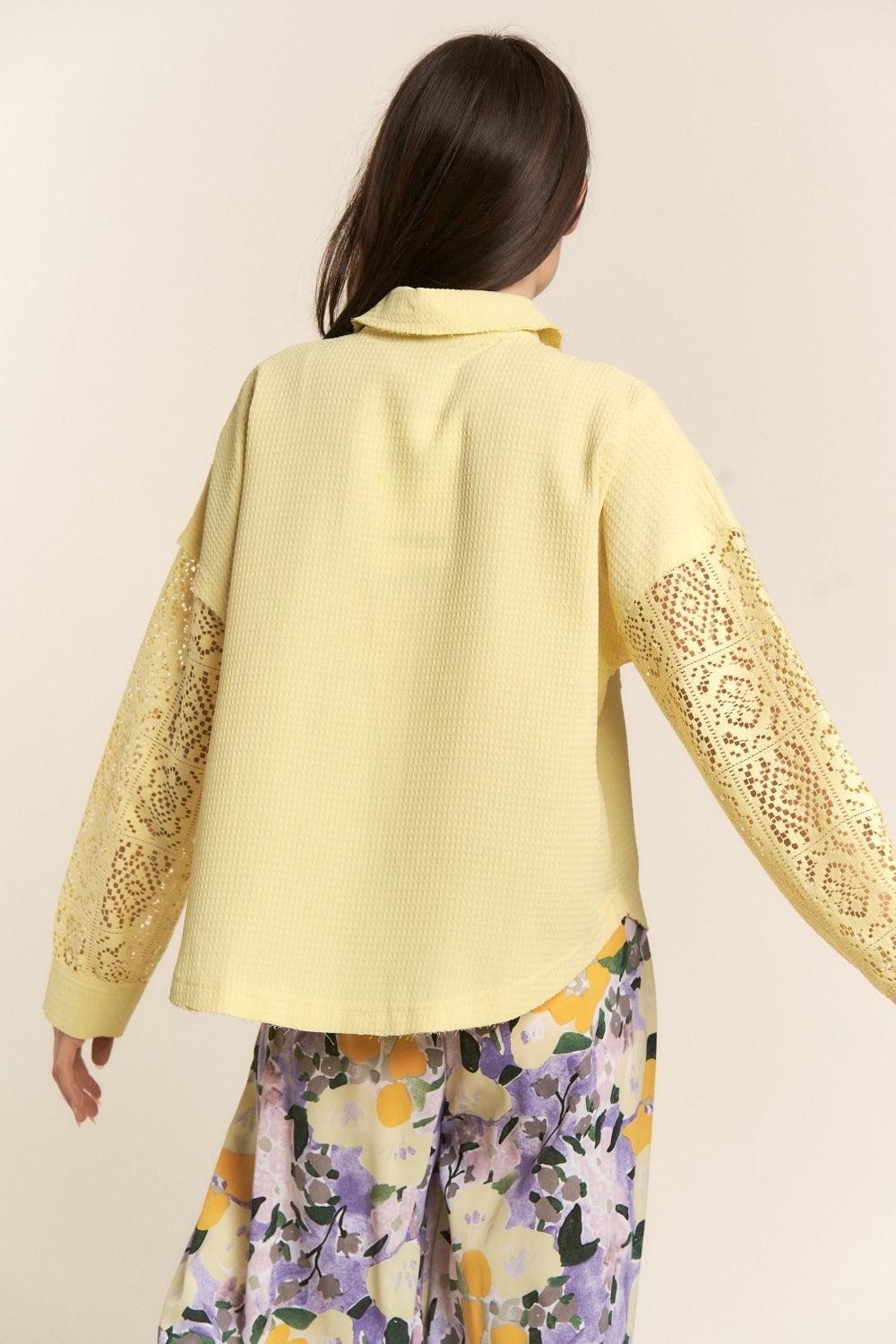 J.NNA Button Down Lace Long Sleeve Waffle Shirt - AMIClubwear