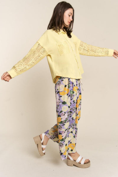 J.NNA Button Down Lace Long Sleeve Waffle Shirt - AMIClubwear