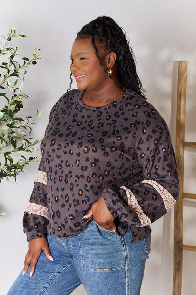 Jade By Jane Full Size Leopard Lace Detail Blouse - AMIClubwear