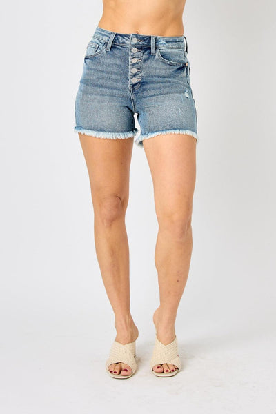 Judy Blue Full Size Button Fly Raw Hem Denim Shorts - AMIClubwear