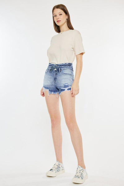 Kancan High Rise Frayed Hem Denim Shorts - AMIClubwear