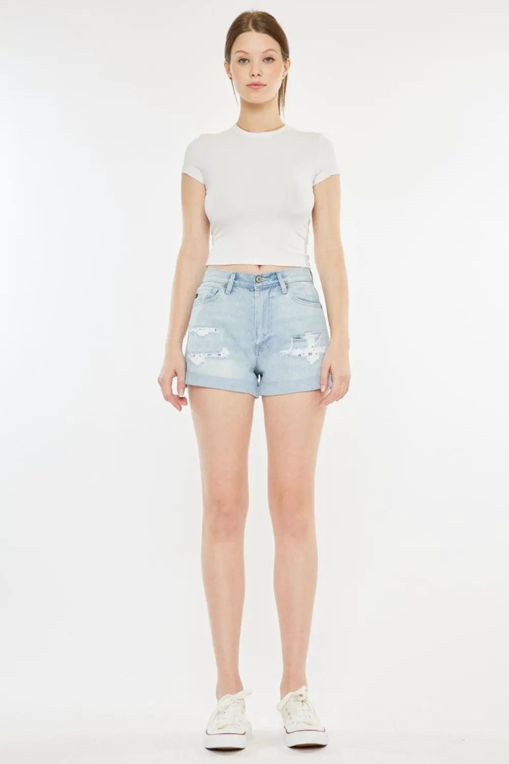 Kancan High Rise Repaired Mom Denim Shorts