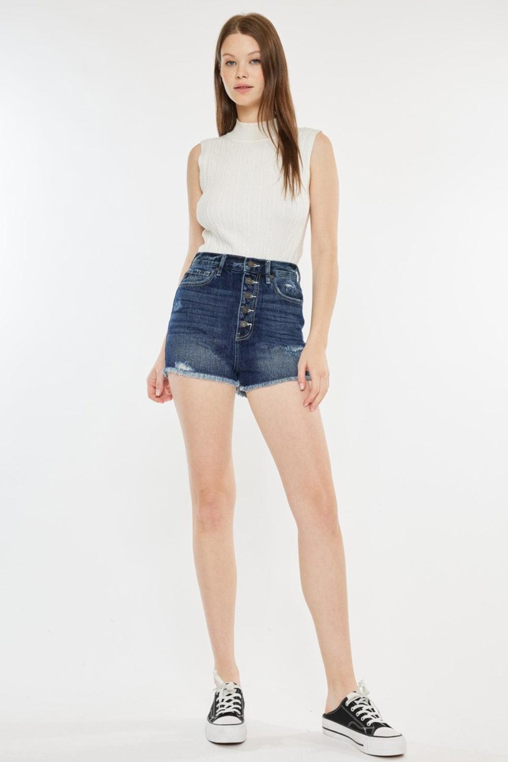 Kancan Raw Hem Button Fly Denim Shorts - AMIClubwear