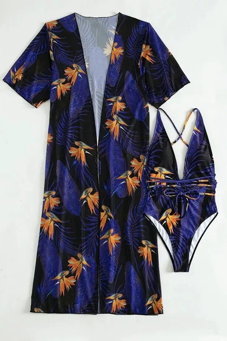 Black Yellow Tropical Print Two Piece Monokini Swim & Cover-up Set