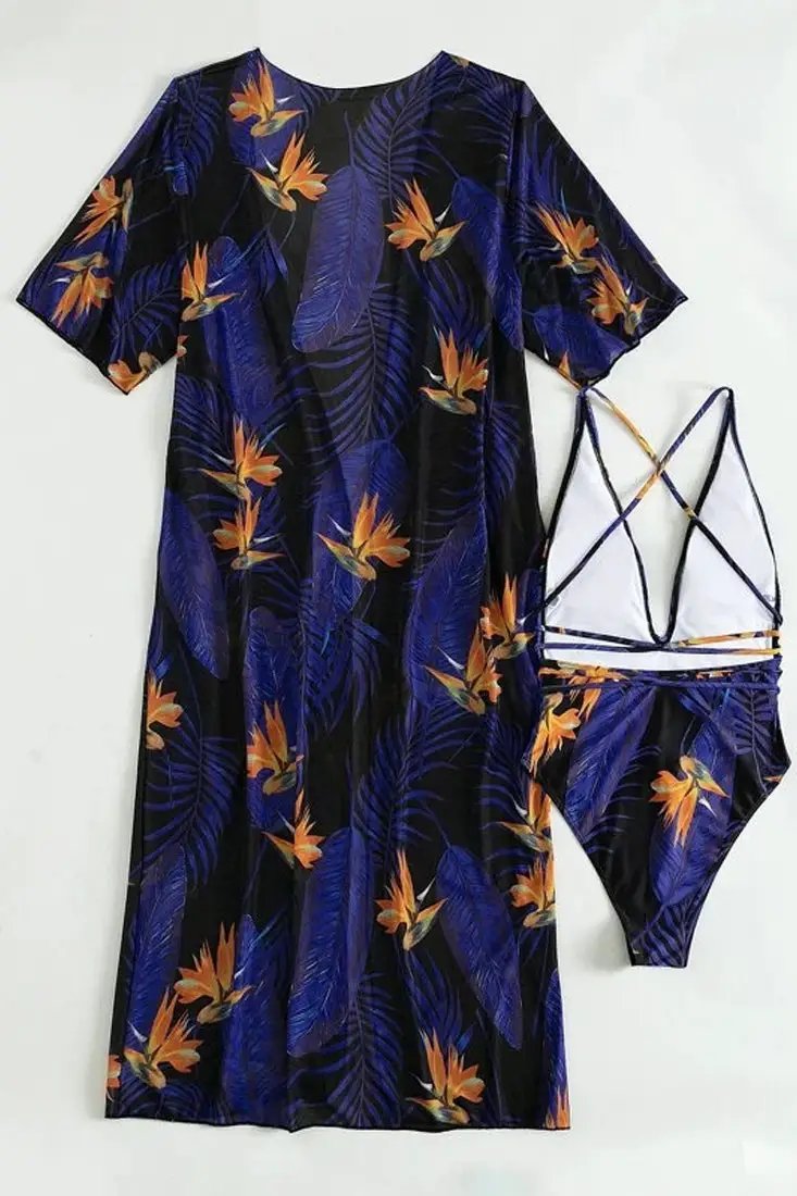 Black Yellow Tropical Print Two Piece Monokini Swim & Cover-up Set