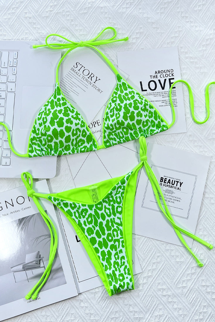 Neon Green Leopard Print Halter Sexy Cheeky Two Piece Swimsuit Bikini