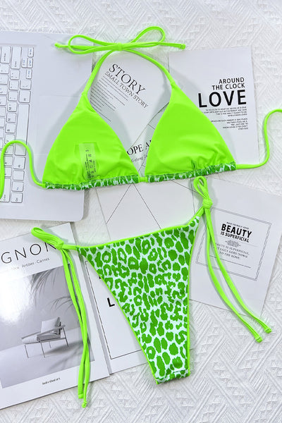 Neon Green Leopard Print Halter Sexy Cheeky Two Piece Swimsuit Bikini