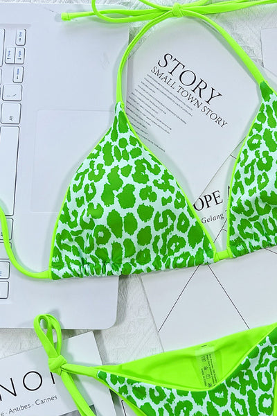 Neon Green Leopard Print Halter Sexy Cheeky Two Piece Swimsuit Bikini