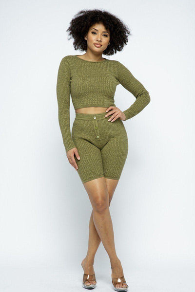 Knit Long Sleeve Cropped Top Knit High-waist Biker Shorts Set - AMIClubwear