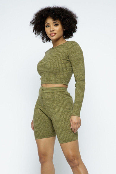 Knit Long Sleeve Cropped Top Knit High-waist Biker Shorts Set - AMIClubwear