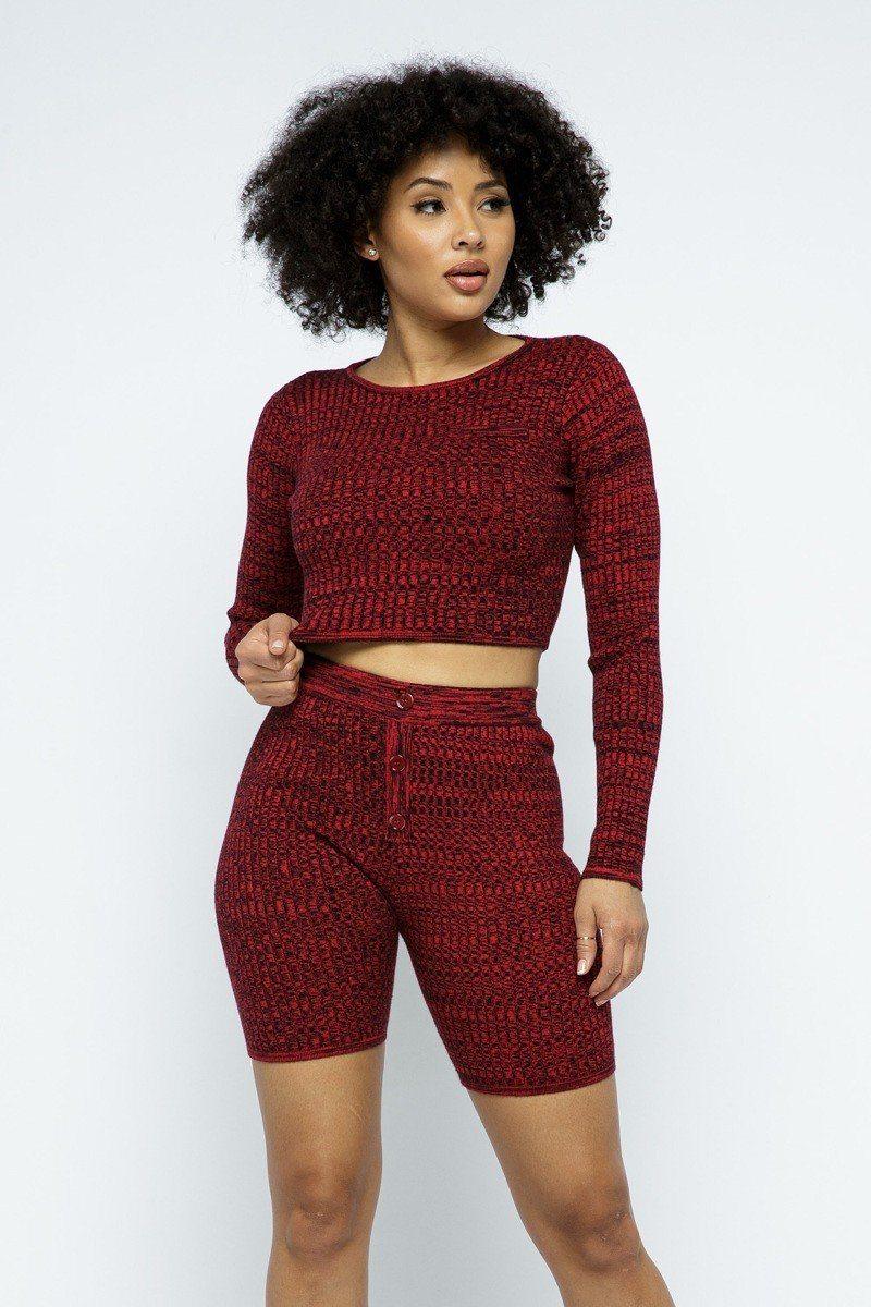 Knit Long Sleeve Cropped Top Knit High-waist Biker Shorts Set - AMIClubwear