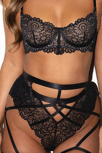 Black Lace Strappy Cut-Out Bra Underwear 2Pc Lingerie Set