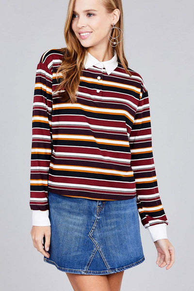 Ladies fashion long sleeve multi striped dty brushed shirts - AMIClubwear