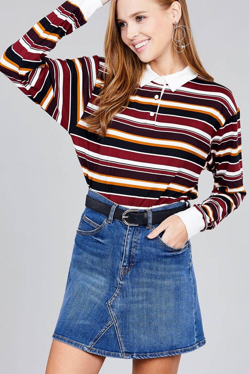 Ladies fashion long sleeve multi striped dty brushed shirts - AMIClubwear