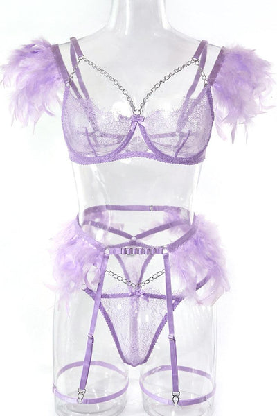 Lavender Feather Sheer Lace Chain Detail Lingerie 3 Pc Set - AMIClubwear