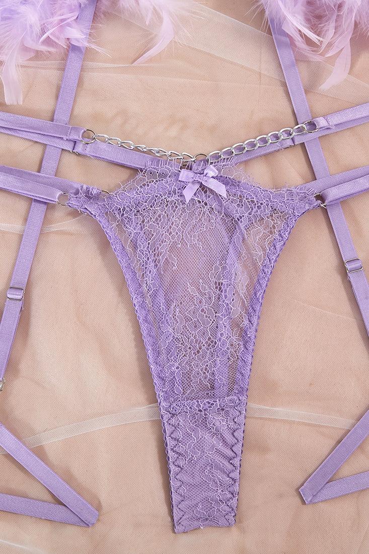 Lavender Feather Sheer Lace Chain Detail Lingerie 3 Pc Set - AMIClubwear