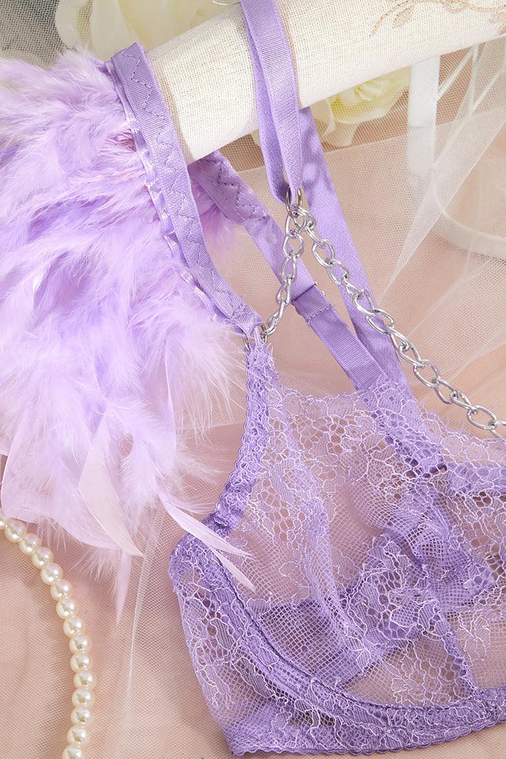 Lavender Feather Sheer Lace Chain Detail Lingerie 3 Pc Set - AMIClubwear