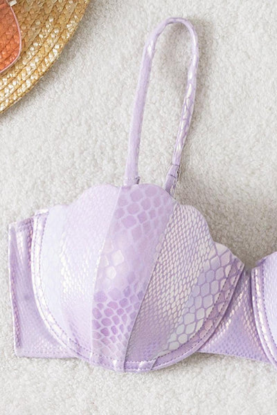 Lavender Holographic Snake Wired Shell Bra Thong Sexy 2Pc Swimsuit Bikini - AMIClubwear