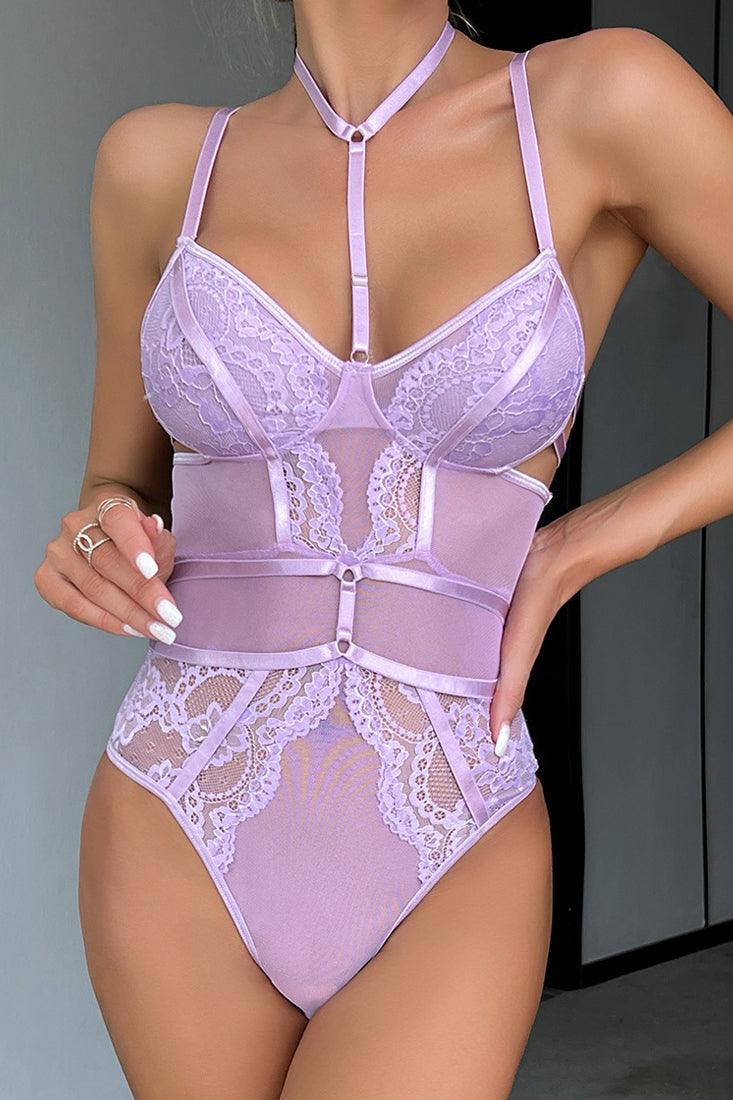 Lavender Lace Mesh Choker Strappy Thong Lingerie Sexy Bodysuit - AMIClubwear